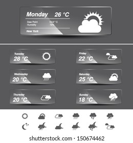 Vector weather forecast, widget, glass banners and symbols