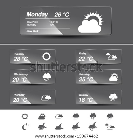 Vector weather forecast, widget, glass banners and symbols