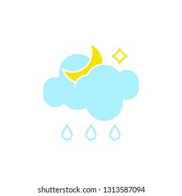 Vector weather icon of a blue cloud with raindrops and moon to show the rainy night forecast and the current climate outside for applications, widgets, and other meteorological designs.