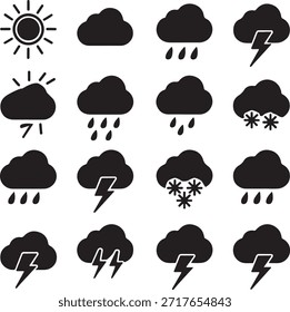 Un icono de Clima de Vector con símbolos para sol, nube, lluvia, nieve y viento para un diseño de pronóstico climático Símbolos de pronóstico de Clima negro
