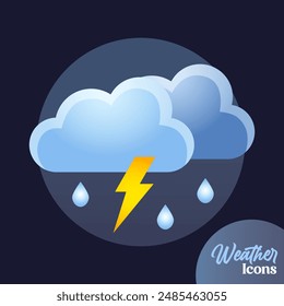 Vector weather icon with thunderstorm and rain for mobile apps, websites, weather forecast, etc.	