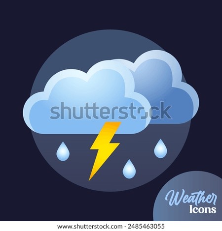 Vector weather icon with thunderstorm and rain for mobile apps, websites, weather forecast, etc.	