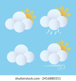 vector weather icons with 3d style, cloud bubbles, sun, raindrops, wind gust icons. isolated vector set