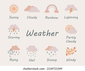 Vector weather icons collection in boho style. Hand drawn cute weather elements. Meteorology symbols
