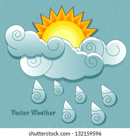 Vektorwettersymbole im Retrostil. Sonne hinter den Wolken und Regen fällt ab