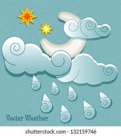 Vector weather icons in retro style. Moon in the clouds with stars and raindrops