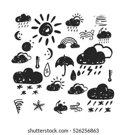 Vector weather icons set  Hand drawn style  Made and ink 