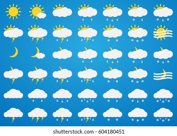 Vector weather icons set on blue background. Sun, clouds, rain, snow, fog, thunder, rainfall and snowfall icons isolated. Day and night weather icons.