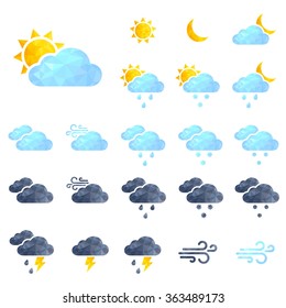 Vector weather icons set. Polygonal weather icons. Sun, cloud, rain, wind triangle icons set. 