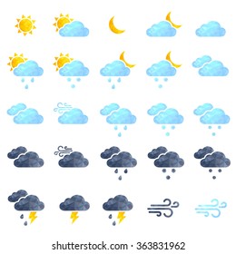 Vector weather icons set. Polygonal weather icons. Sun, cloud, rain, wind triangle icons set. 