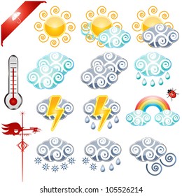 Vector of weather icons set with thermometer and Wind vane cock