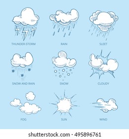 vector weather icons for use on the website. Pictures in hand drawn style. Doodle isolate on blue background.