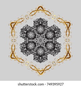 Vector. Weather illustration ice collection. Winter christmas snow flat crystal element. Xmas frost snow flake isolated silhouette symbol. Snowflake vector icon background gray, brown and beige color.