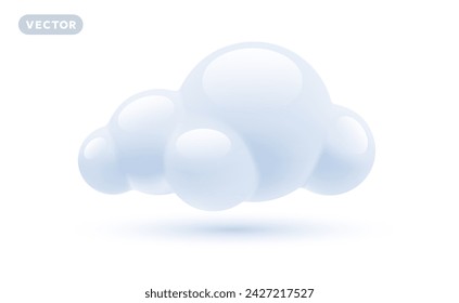 Vector weather illustration of shine fluffy cloud on white color background with shadow. 3d cartoon style design of cute cloud for web, site, banner, poster