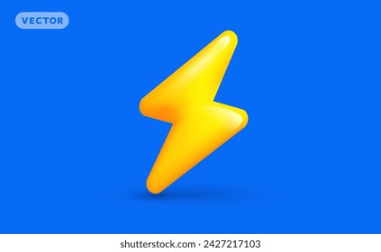 Vector weather illustration of shine yellow color thunderstorm lightning on blue background with shadow. 3d cartoon style design of flash zigzag lightning for web, site, banner, poster