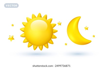 Vector weather illustration of shine yellow color sun with sunbeam and crescent moon with star on white background with shadow. 3d cartoon style design of sun and half moon for web, banner, poster