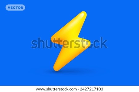 Vector weather illustration of shine yellow color thunderstorm lightning on blue background with shadow. 3d cartoon style design of flash zigzag lightning for web, site, banner, poster
