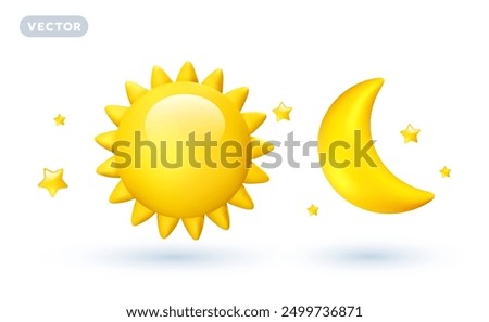 Vector weather illustration of shine yellow color sun with sunbeam and crescent moon with star on white background with shadow. 3d cartoon style design of sun and half moon for web, banner, poster