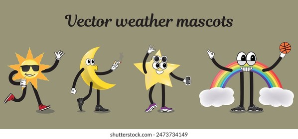 Vector weather mascots, sun, month, star, rainbow, 10EPS, vector illustration, set, collection