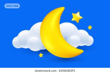 Vector weather night illustration of shine yellow color half moon with star and cloud on blue background with shadow. 3d cartoon style design of crescent moon with star and cloud for web, site, banner