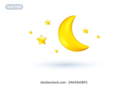 Vector weather night illustration of shine yellow color half moon with star on white background with shadow. 3d cartoon style design of crescent moon with star for web, site, banner, poster