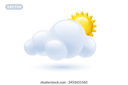 Vector weather partly cloudy day illustration of shine yellow color sun with fluffy cloud on white background with shadow. 3d cartoon style design of cloud with sun for web, site, banner, poster