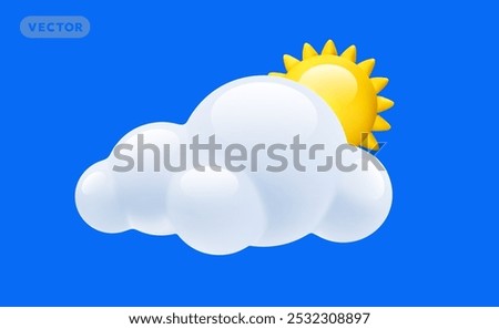 Vector weather partly cloudy day illustration of yellow color sun with fluffy cloud on blue sky background. 3d cartoon style design of cloud with shine sun for web, site, banner, poster