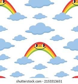 Vector weather pattern. Nursery room pattern design with clouds and rainbow. Kawaii rainbow pattern. Childish seamless pattern design with clouds
