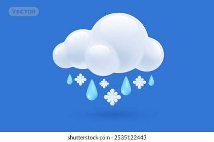 Lluvia de Clima de Vector con la ilustración mojada del día de la nieve de la nube esponjosa con la gota de lluvia del color azul del brillo y el copo de nieve blanco con la sombra en fondo azul. Diseño de estilo de dibujos animados 3D de nube lluviosa con gota