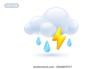 Vector weather rainy storm day illustration of shine yellow color lightning with fluffy cloud and rain drop on white background with shadow. 3d cartoon style design of thunderstorm cloud with rain