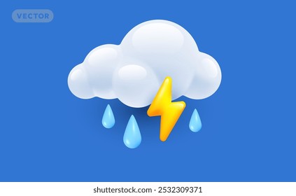 Vetor tempo tempestade chuvosa dia ilustração de nuvem fofa com relâmpago amarelo brilhante e chuva gota sobre fundo azul. Design 3d estilo cartoon de nuvem de tempestade com raios e chuva