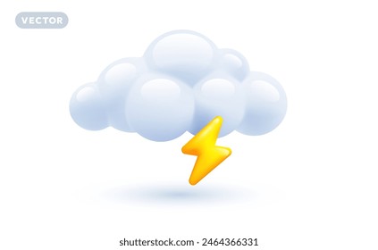 Vector weather storm day illustration of shine yellow color lightning with fluffy cloud on white background with shadow. 3d cartoon style design of thunderstorm cloud with lightning for web, banner