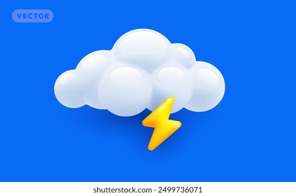 Vector weather storm day illustration of shine yellow color lightning with fluffy cloud on blue background with shadow. 3d cartoon style design of thunderstorm cloud with lightning for web, banner