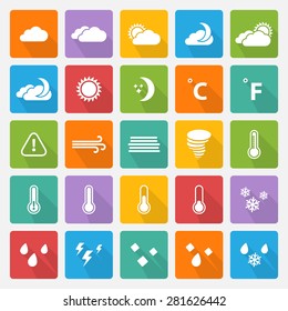 Vector Weather white icons set with flat shadow on a color square