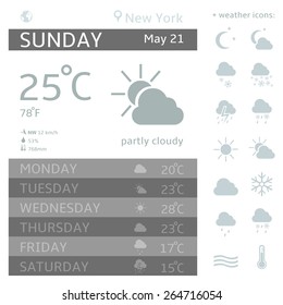 Vector Weather Widget Template. Weather App Interface. Weather Icon Set.