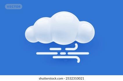 Ilustración del día ventoso del Clima del Vector de la nube esponjosa y de la raya con el rizo en fondo azul del color con la sombra. Diseño del estilo de la historieta 3D de la nube del brillo con el símbolo del viento para el Web, sitio, Anuncio, cartel