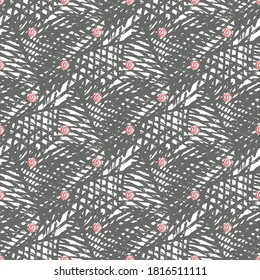 Vector weave effect seamless interlace pattern background. Woven brown burlap lattice dense texture backdrop with red polka dots. Coarse hessian sack cloth style all over print . Organic yarn feel.