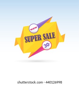 Vector Web Ad, Card Design, Horizontal Header. Super Sale Concept Origami Banner Template