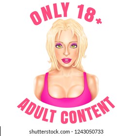 Vector web banner for adult content. Vector emblem with beautiful blonde girl adults only.