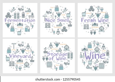 Vector web banner of Best Wine round linear concept. Purple sign in center and wine making and viticulture icon around on white background
