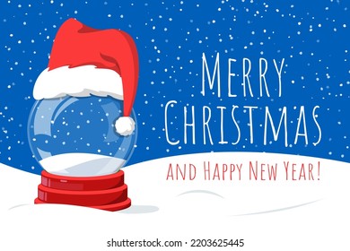 Vector web banner with a christmas snowglobe with Santa Claus hat. Snowdrift, Christmas and New Year decoration. Holiday design element. Merry Christmas and Happy New Year.