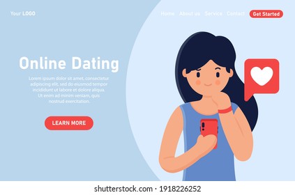 Concepto de banner web de vectores. La chica está buscando una pareja en Internet. citas por Internet. El concepto de redes sociales, comunicación virtual de relaciones. Estilo plano. Aplicación para el servicio de citas.