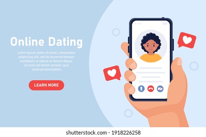 Vector web banner concept. Hand holds smartphone with girl's profile. Dating app. The concept of social networks, virtual communication of relations. Young people are looking for a couple.