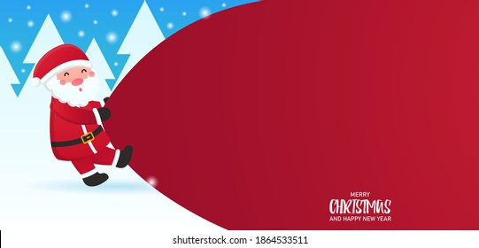 Vector web banner concept. Santa Claus pulls a huge red bag for gifts. Merry Christmas and a Happy New Year. A place for text where you can write wishes or any other text. EPS 10. Gradient.