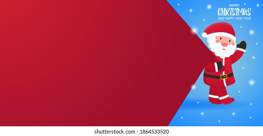 Vector web banner concept. Santa Claus with a huge red bag for gifts is snowing in the cold. Merry Christmas and a Happy New Year. A place for text where you can write wishes or any other text. EPS 10