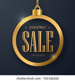 Vector web banner design with a Christmas toy and text in it for sale. Template with a black background and gold elements.