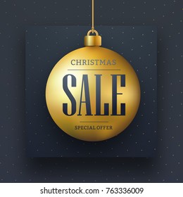 Vector web banner design for Christmas sale. Template with a gold ball over a black background in a dot.