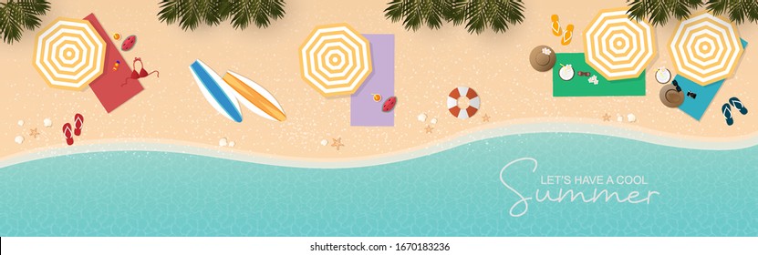 a vector web banner design of top view summer beach background with beach accessories, palm trees, sand and sea