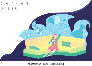 Vector web banner with a flat colorful illustration on it and space for text, a woman sitting on a sofa with a cup of coffee or tea and her ordinary and original thoughts are shown in bubbles above