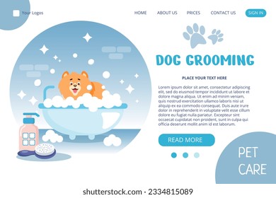 Vector web banner grooming salon for pets. A little cartoon dog is sitting in a bubble bath. The concept of cat and dog care